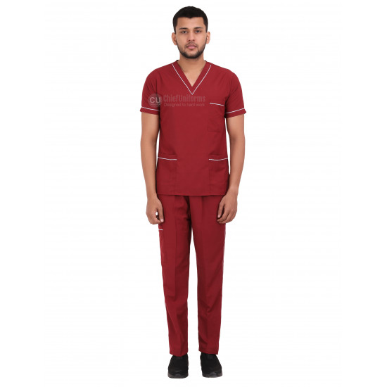 Medlooks Unisex Scrub Suit set piping design V-Neck 3 Pocket Top and Cargo Type Trouser with Matching Scrub Cap