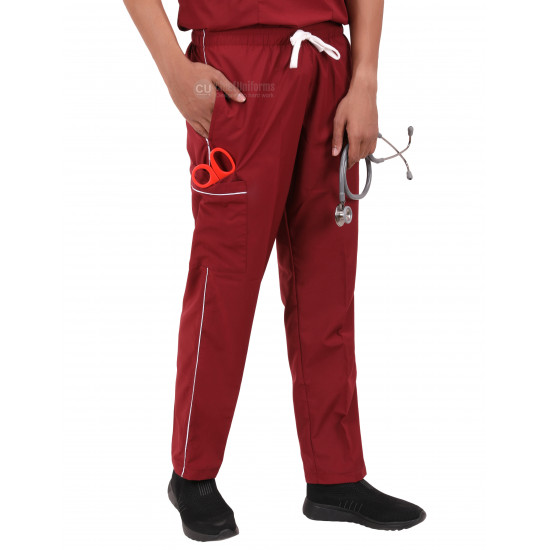 Medlooks Unisex Scrub Suit set piping design V-Neck 3 Pocket Top and Cargo Type Trouser with Matching Scrub Cap
