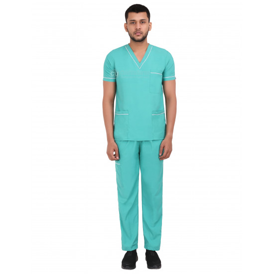 Medlooks Unisex Scrub Suit set piping design V-Neck 3 Pocket Top and Cargo Type Trouser with Matching Scrub Cap