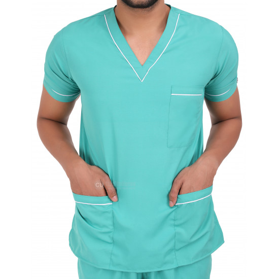 Medlooks Unisex Scrub Suit set piping design V-Neck 3 Pocket Top and Cargo Type Trouser with Matching Scrub Cap