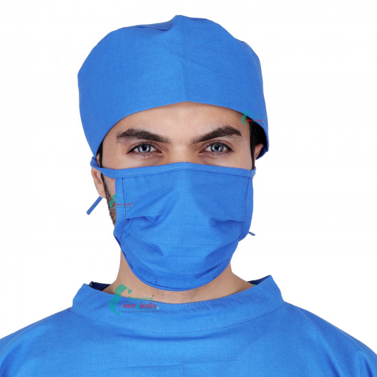 Medlooks Cotton Reusable Surgeon Gown with Set of Face Mask and Cap | Blue